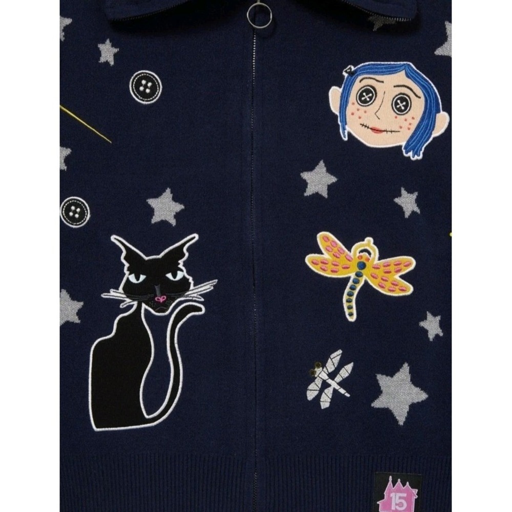 NEW Coraline Icons Embroidered Womens Full Zip Sweater Size LG Whimsigoth Grunge - Picture 3 of 4
